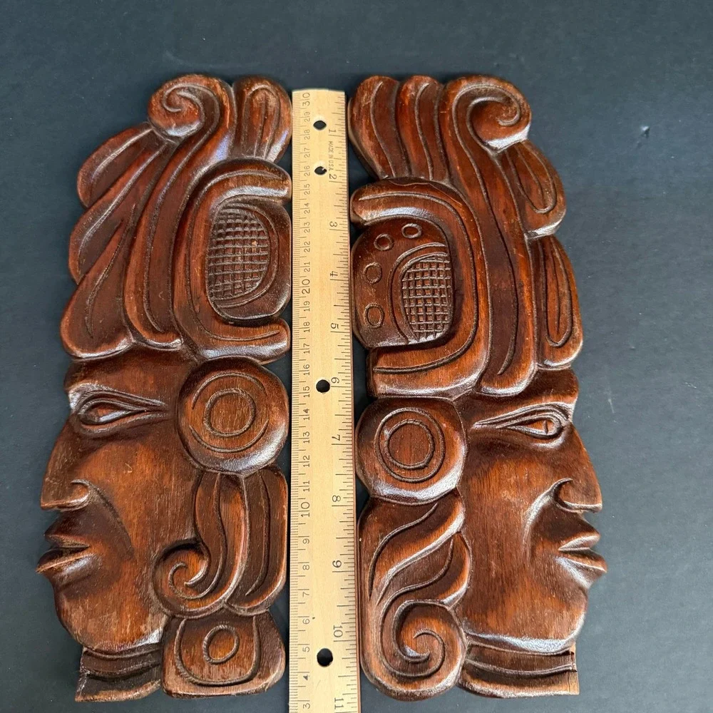 Vintage Honduras Hand Carved Wood Mayan Aztec Face Wall Art Plaques Pair 10.5